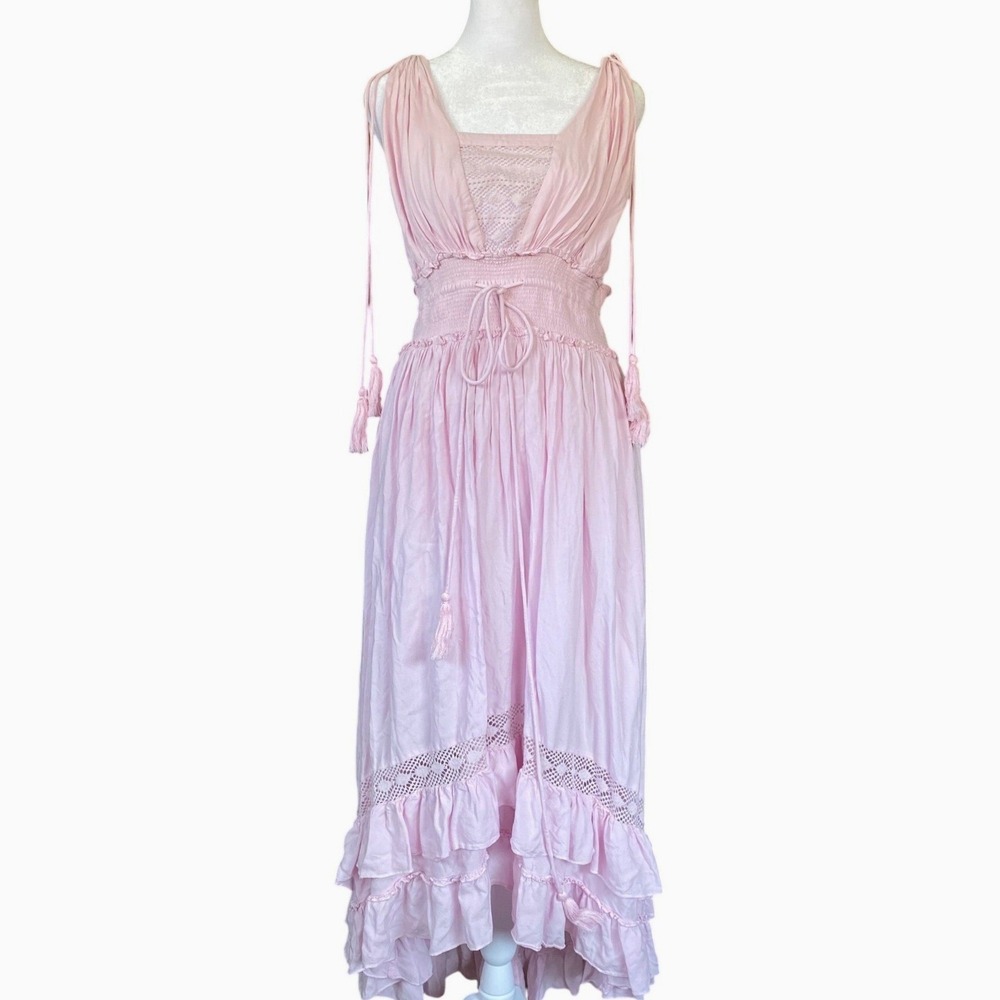 Smocked Crochet Lace Ruffle Pink Maxi Dress Large Boho Femme Western Fairy Beach